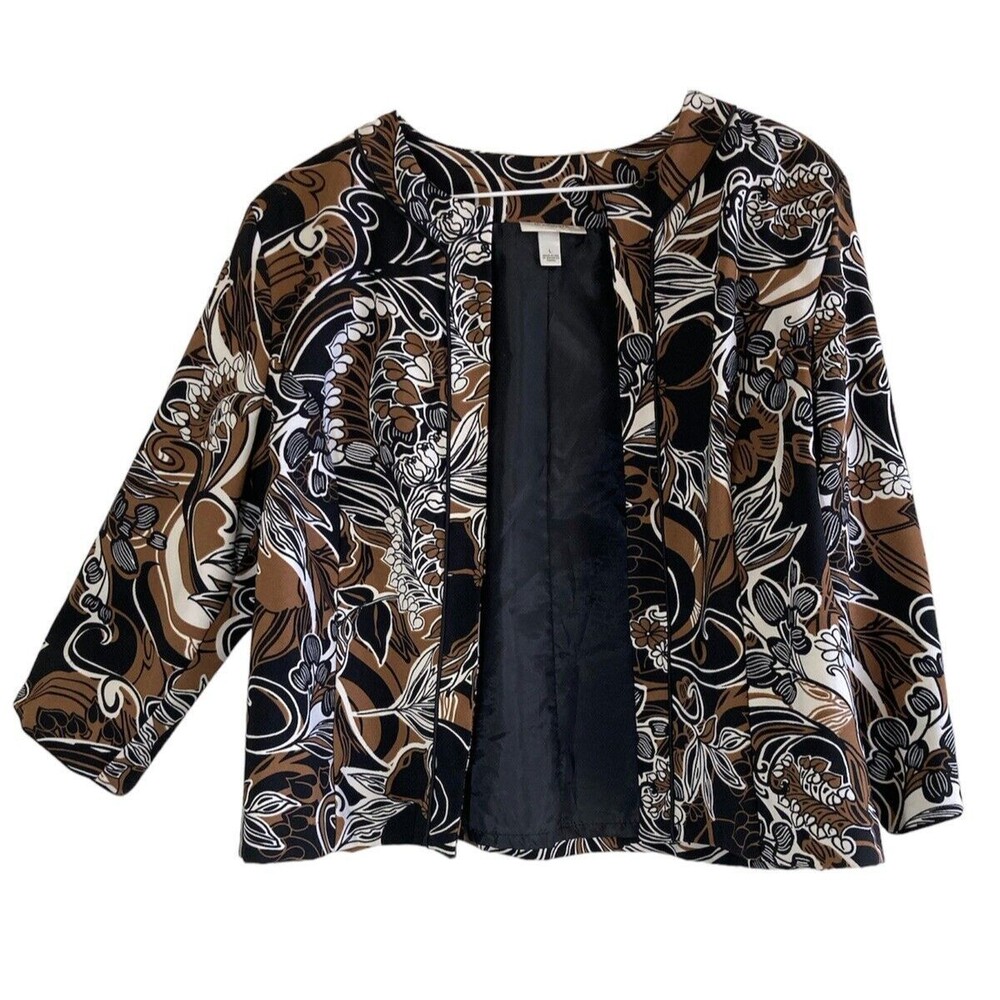 Dress Barn Womens Jacket L Brown Black Floral Swirls Open Front Retro Glam
